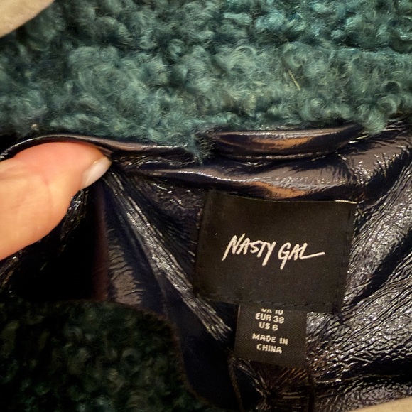 Nasty Gal Shiny Black and Teal Teddy Jacket - Picture 3 of 4